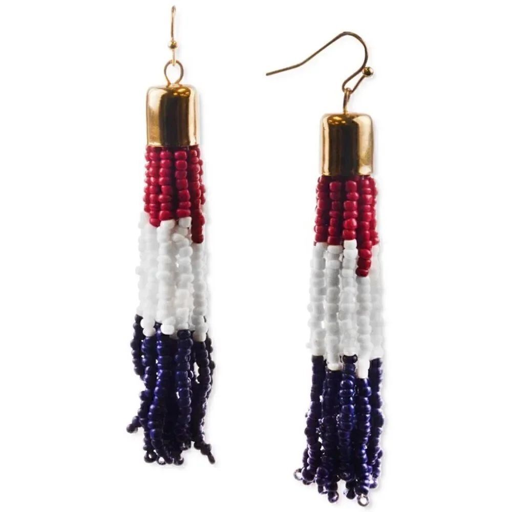 Charter Club Holiday Lane GoldTone Red White Blue Seed Bead Tassel Drop Earrings